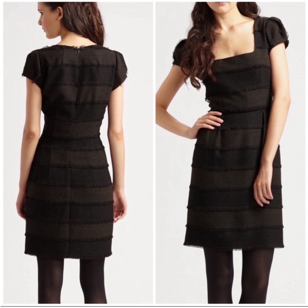 Nanette Lepore Catch Me Tweed Fringe Slate Tan Dress Square Neck Mini Sz 0